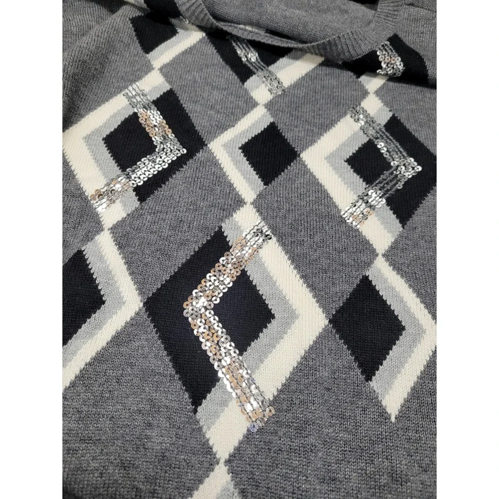 Charter Club Sweater Womens XL Grey‎ Sequin Geometric Diamond Crew Neck